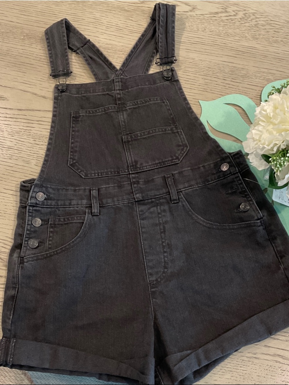 Free People Black Denim Short Overalls